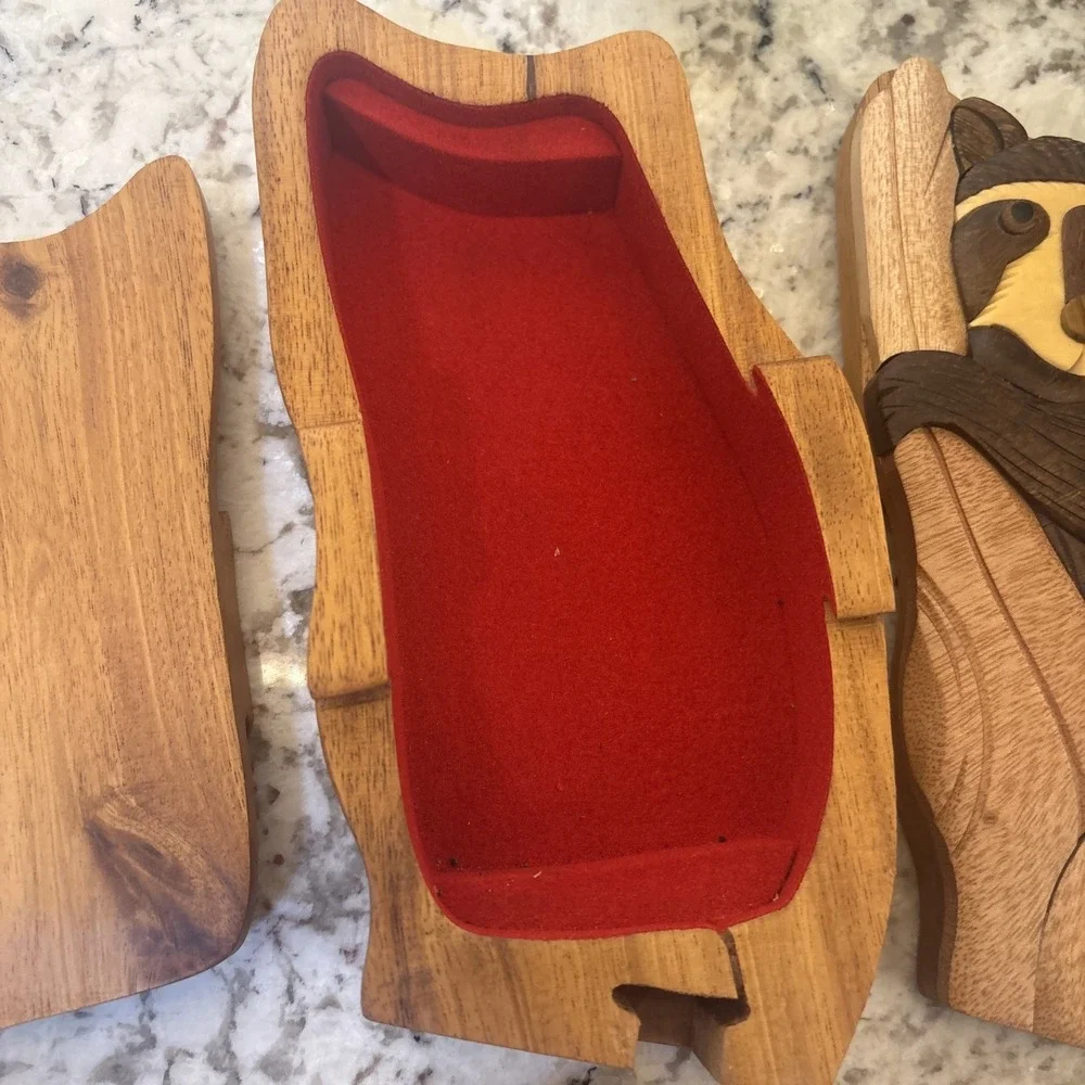 Hand crafted 3D Intarsia Wood Art RACCOON Puzzle Wooden Box Wild‎ Animal